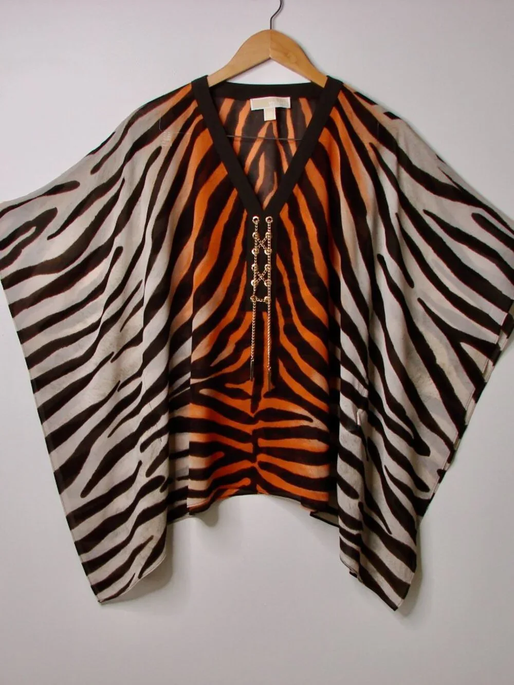 Michael Michael Kors Blouse Tiger Animal Print Sheer Poncho Gold Small Medium - Picture 2 of 13